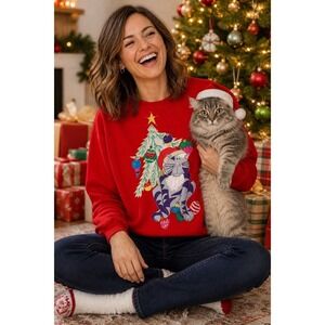 Vintage Jerzees Christmas Cat Sweatshirt Large Hand Painted Appliqué USA